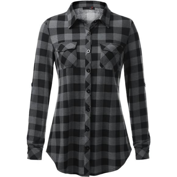 Womens Soft Stretchy Knit Plaid Shirts - Roll‎ Up Long Sleeve Collared Blouses - Picture 2 of 7